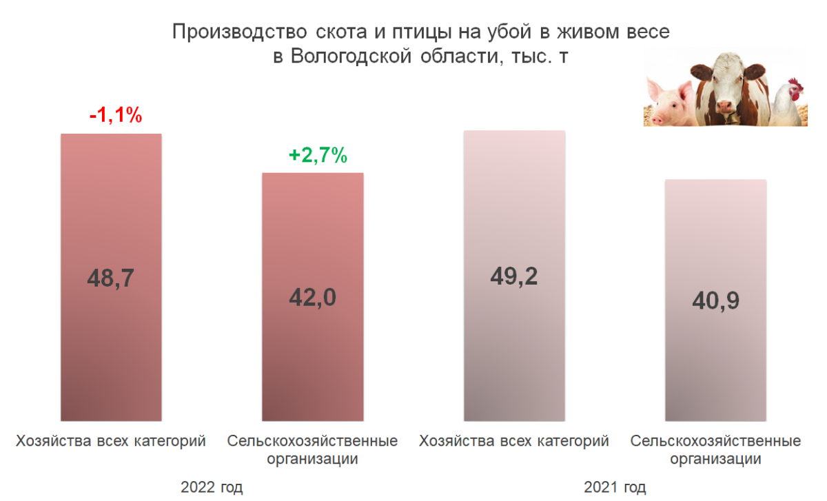 Производство скота и птицы на убой в живом весе в Вологодской области, тыс. т